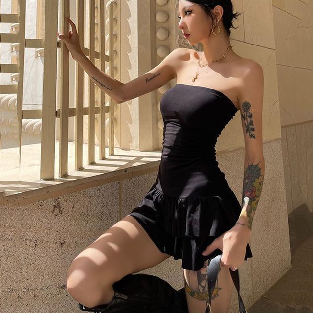 Summer Sexy Mini Dress Women Sleeveless Streetwear Backless Pleated Bodycon Black Dress Party Strapless A-LINE Dresses