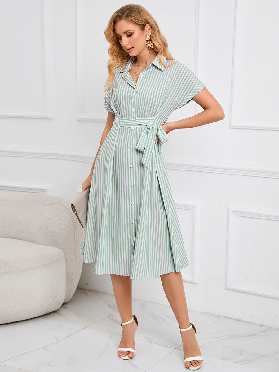 Shirt Midi Dress Light Green Turndown Collar Buttons Short Sleeves Stripes Dress