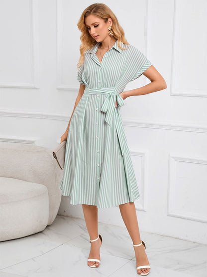 Shirt Midi Dress Light Green Turndown Collar Buttons Short Sleeves Stripes Dress