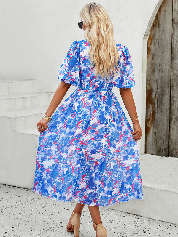 Floral Dress Midi Dress Printed Short Sleeves V-Neck Sweet Summer