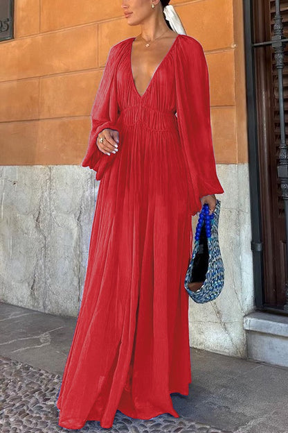 Chiffon Ruched Gathered Waist Maxi Dress
