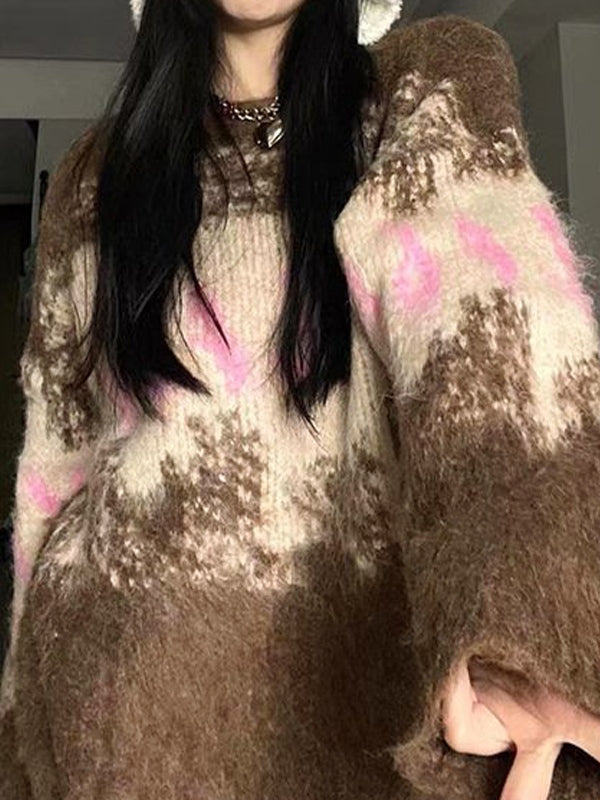 Fuzzy Contrast Color Print Oversized Sweater