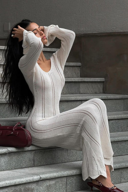 | U Neck Knit Flare Sleeve Sheer Cutout Bodycon Maxi Dress