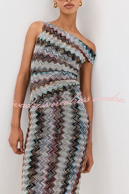Cocktails and Vacation Knit Colorful Zigzag Pattern One Shoulder Slit Maxi Dress