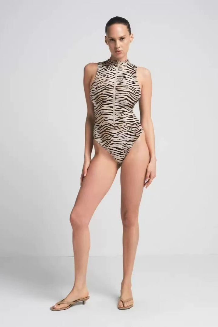 Sexy Leopard Print Zipper Front Bodysuit