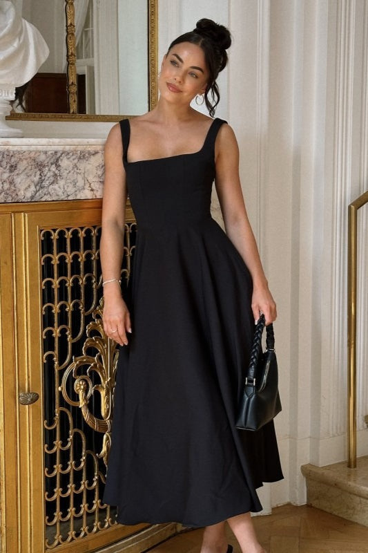 Square Neck Wide Strap Sleeveless Full Skirt Midi Dress