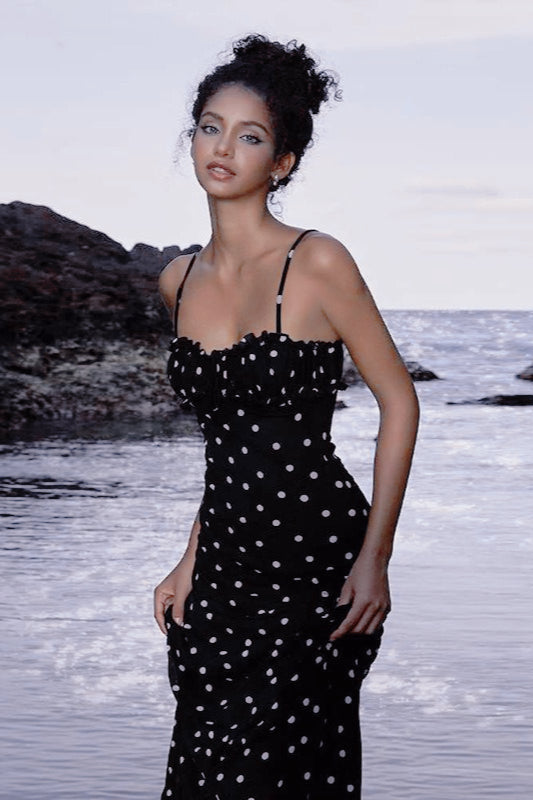 Polka Dot Ruffle Neck Spaghetti Strap Bodycon Maxi Dress