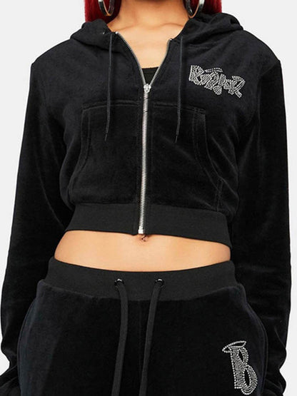 Letter Rhinestone Print Short Hoodie
