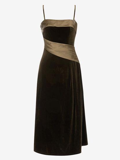 Velvet Prom Dress Spaghetti Straps Backless Contrast Party Midi Dresses