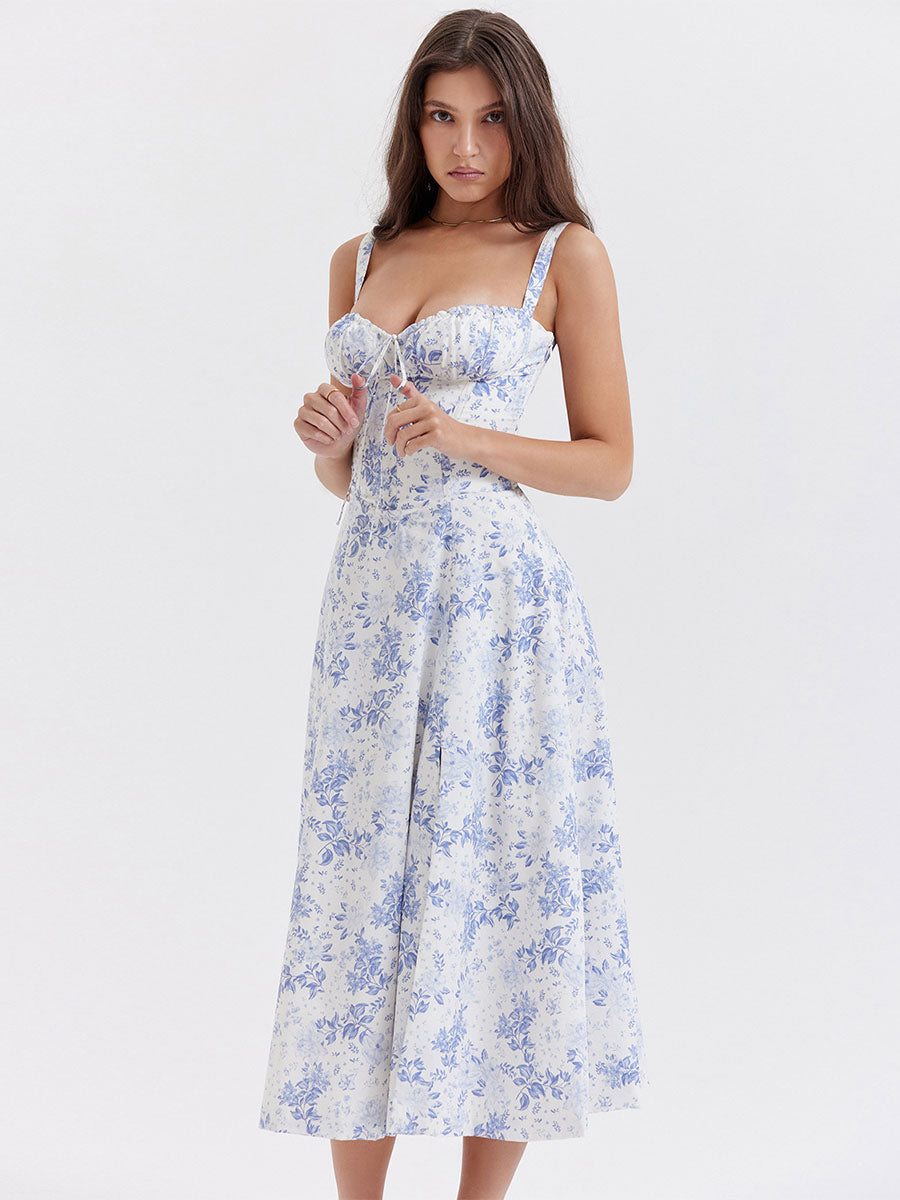 Summer Midi Dress Golden One-Shoulder Lace Up Beach Dress