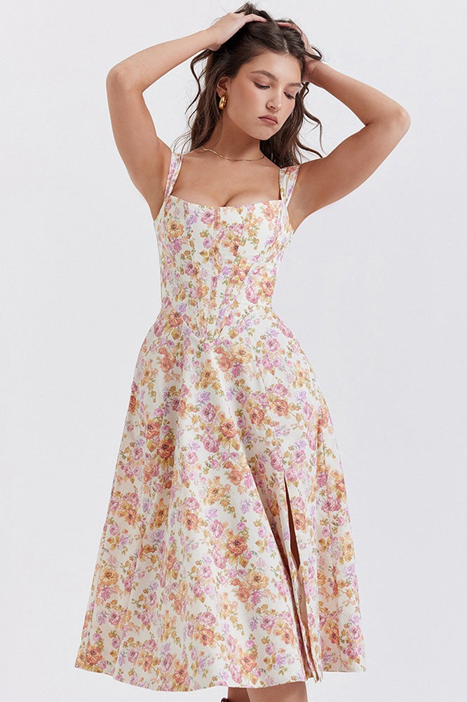 Thick Strap Sweetheart Corset Bodice Ditsy Floral Print A-Line Midi Dress