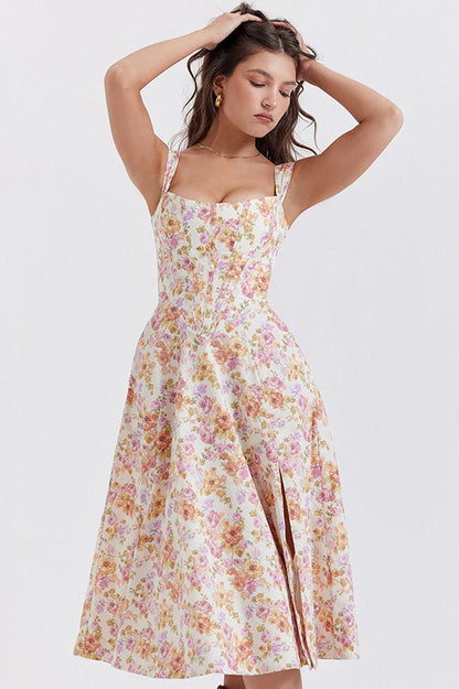 Thick Strap Sweetheart Corset Bodice Ditsy Floral Print A-Line Midi Dress