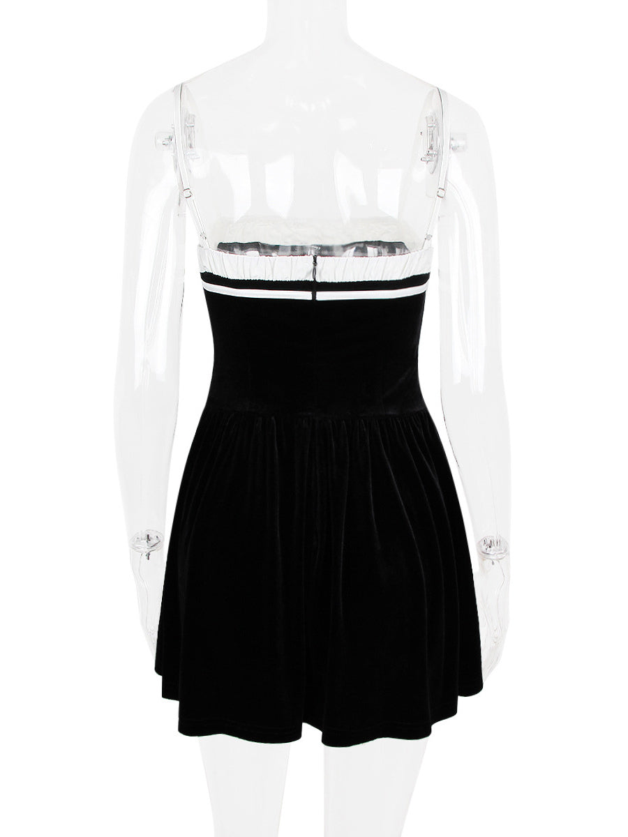 Velvet Dress Black Irregular Ruffles Daily Casual Sleeveless Two-Tone Straps Neck Summer Short Mini Dresses