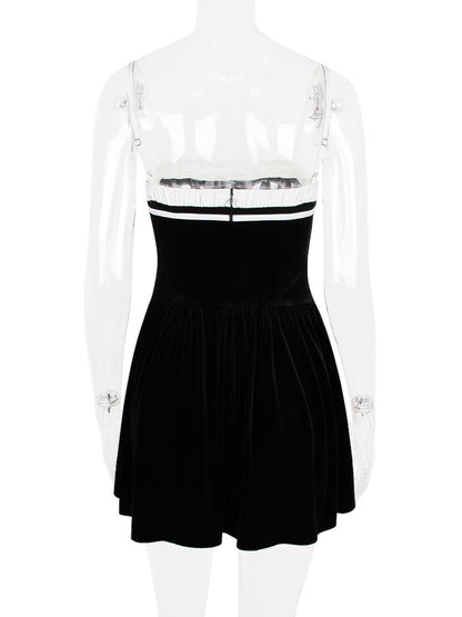 Velvet Dress Black Irregular Ruffles Daily Casual Sleeveless Two-Tone Straps Neck Summer Short Mini Dresses