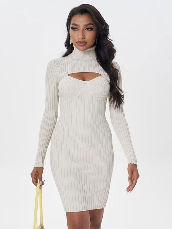 Sexy Sweater Dress Polo Neck Long Sleeves Cut Out Bodycon Mini Dresses