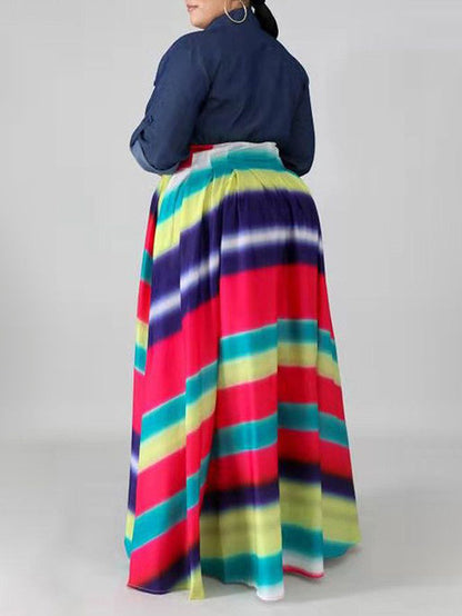 Long Sleeves Loose Buttoned Contrast Color Elasticity Printed Split-Joint Lapel Maxi Dresses