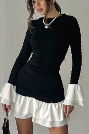 Crew Neck Ruched Long Sleeve Contrast Tiered Ruffle Hem Mini Dress