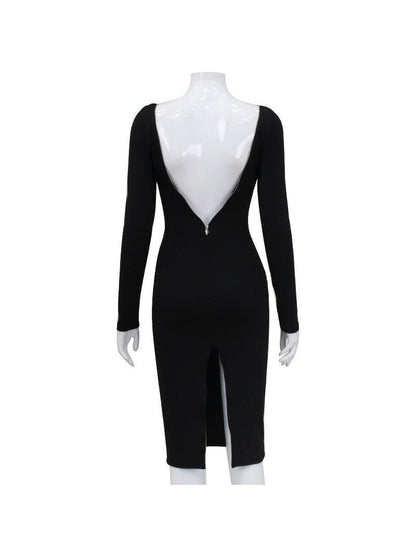 Full Sleeves Backless Pure Slit Midi Dress with Zipper
