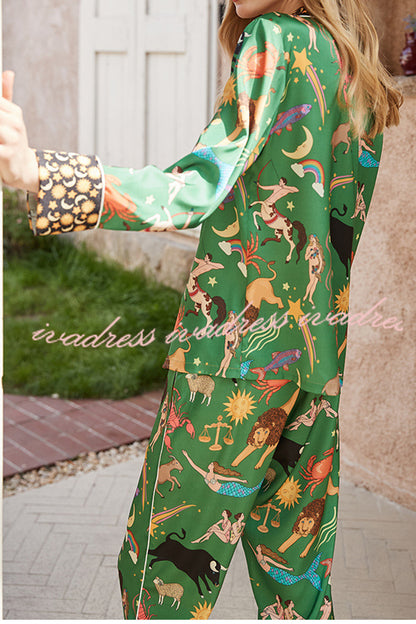 Green Constellation Printed Home Long Sleeved Two-piece Set