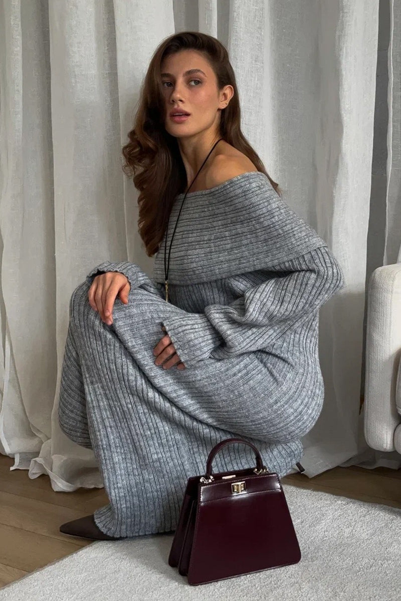 Solid Elegant Minimalist Off Shoulder Bodycon Knit Maxi Dress