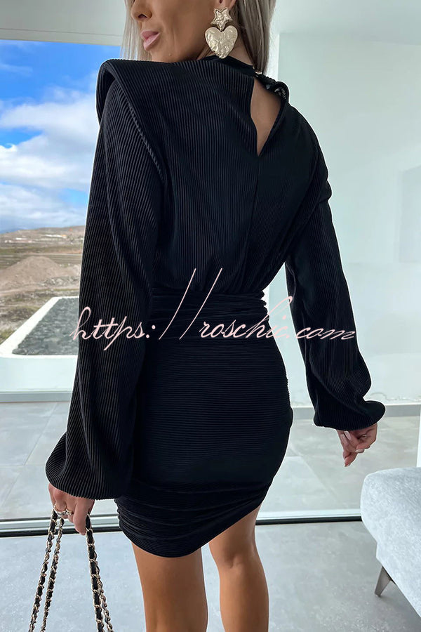 Tolly Padded Shoulder Balloon Sleeve Ruched Ribbed Mini Dress