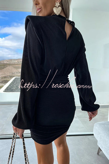 Tolly Padded Shoulder Balloon Sleeve Ruched Ribbed Mini Dress