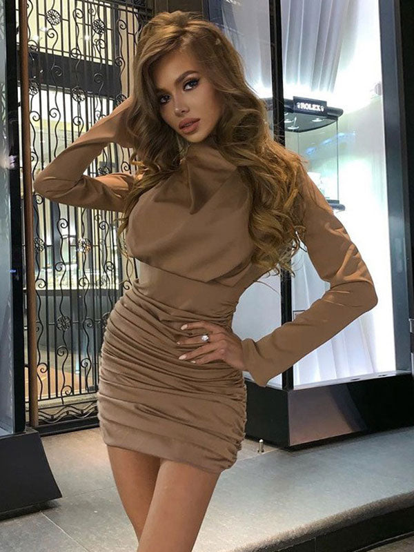Mini Dresses Khaki Long Sleeves Short Dress