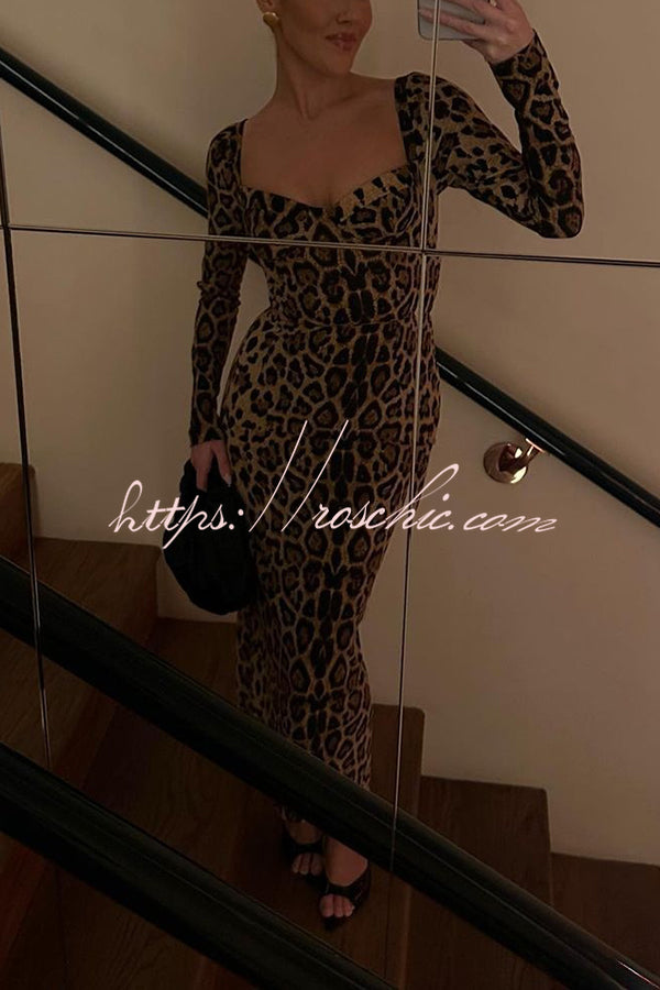 Leopard Print Long Sleeve Sexy Slim Fit Midi Dress