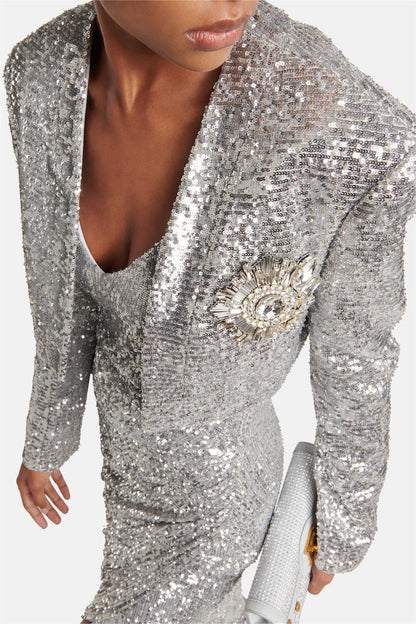Sequin Solid Sleeveless Midi Dress ?Sequin Long Sleeve Blazer Set