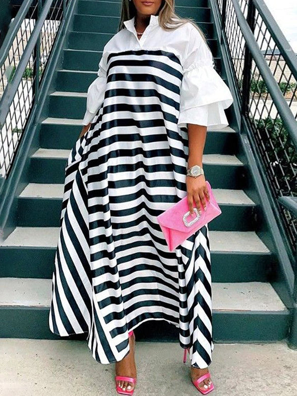 Loose Three-Quarter Sleeves Split-Joint Striped Stand Collar Maxi Dresses