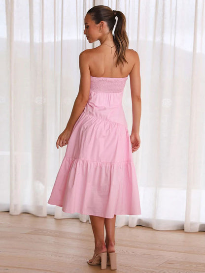 Summer Midi Dress Pink Strapless Cut Out Beach Dress