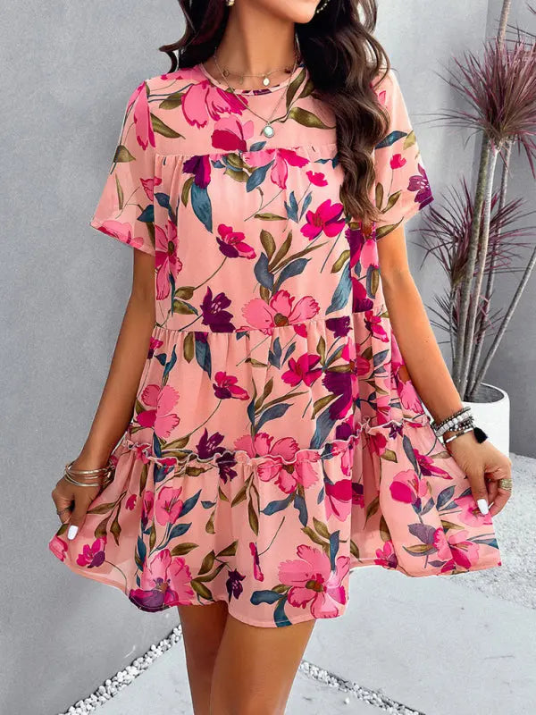 Botanical print short-sleeved tiered mini dress