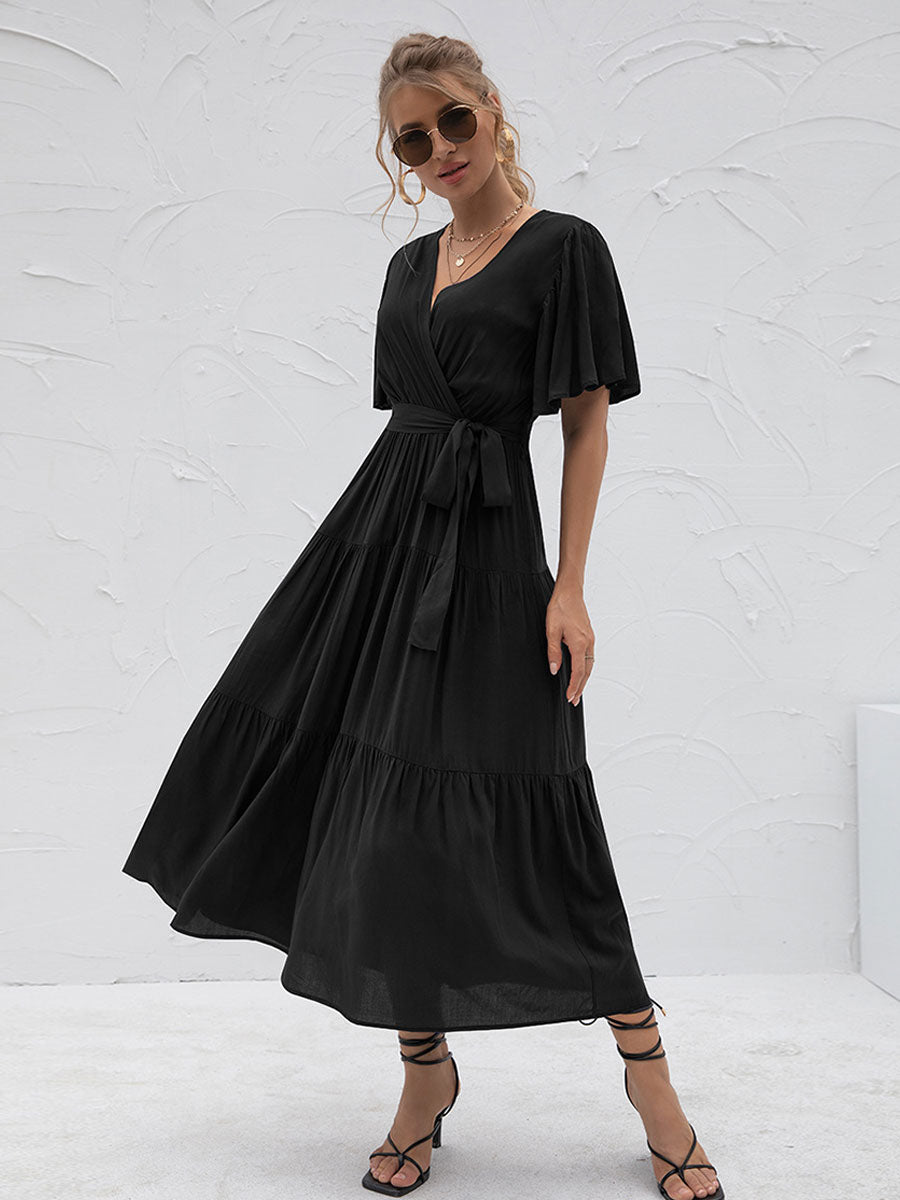 V-Neck Maxi Dress Short Sleeves Casual Layered Floor Length Dress