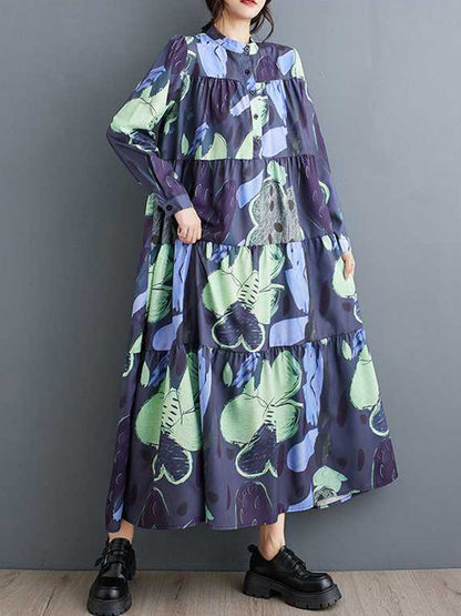 A-Line Long Sleeves Buttoned Flower Print Pleated Split-Joint Round-Neck Midi Dresses