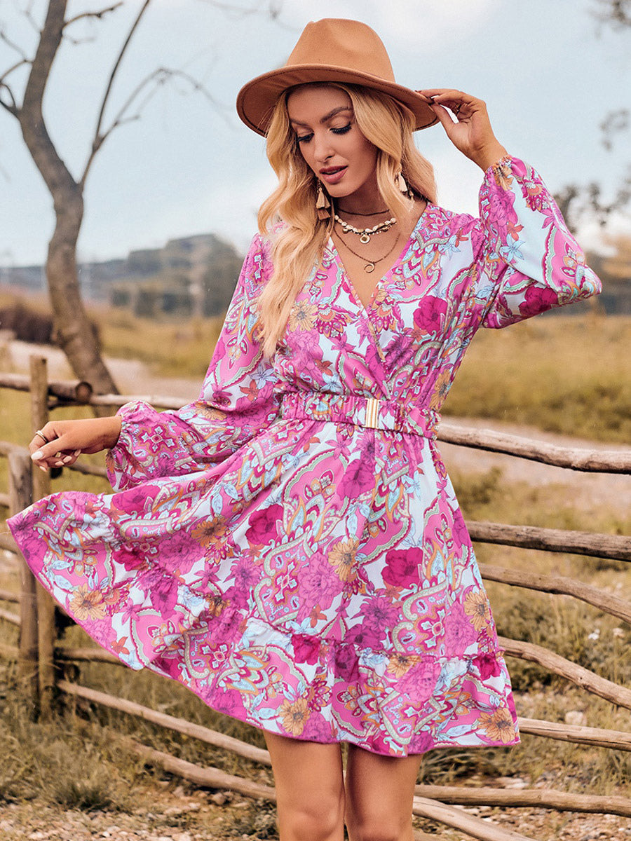 Boho Dress Sash V-Neck Lantern Sleeves Floral Beach Mini Dress