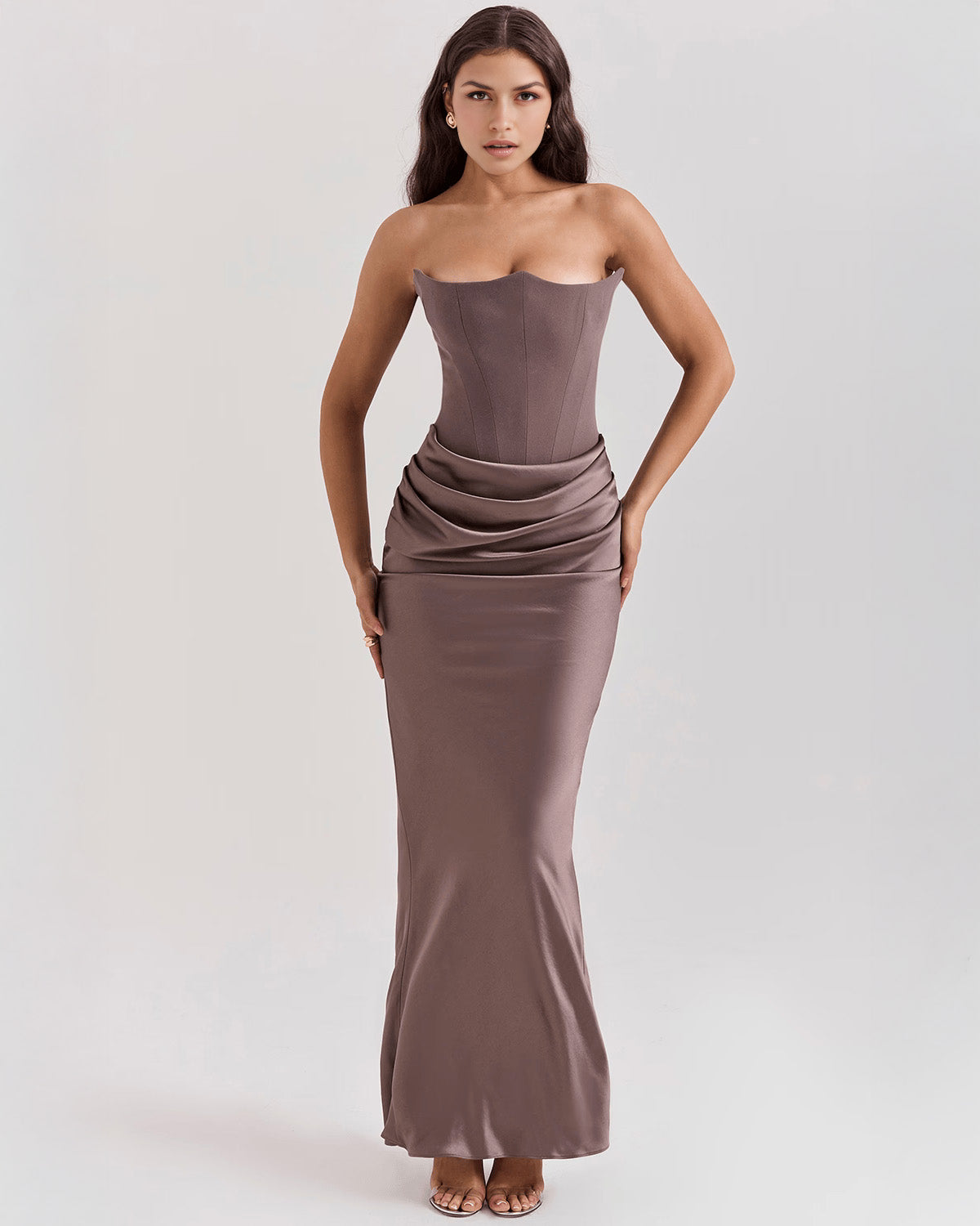 Strapless Pointed Sweetheart Corset Bodice Draped Hip Column Maxi Gown