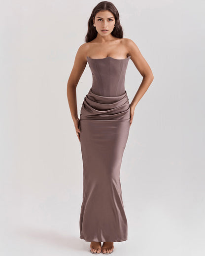 Strapless Pointed Sweetheart Corset Bodice Draped Hip Column Maxi Gown