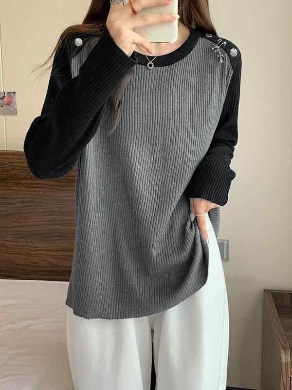 Contrast Color Splice Metal Decor Long Sleeve Knit