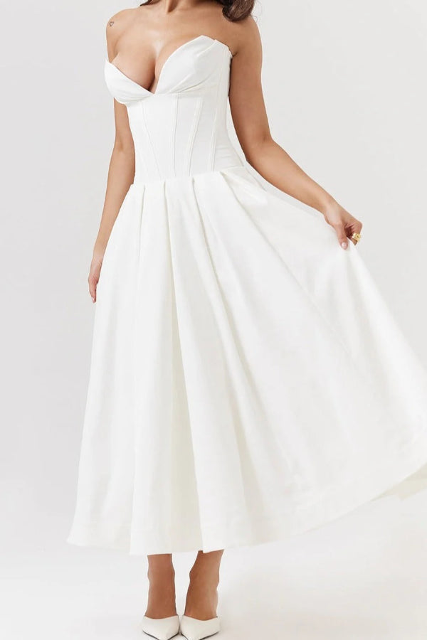 Strapless Corset Sweetheart Neckline Pleated Full Skirt Midi Dress