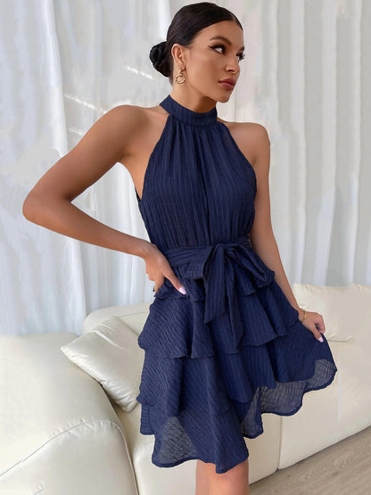 Halter Short Dress Sleeveless Pleated Belted Tulle Tiered Party Cocktail Dresses