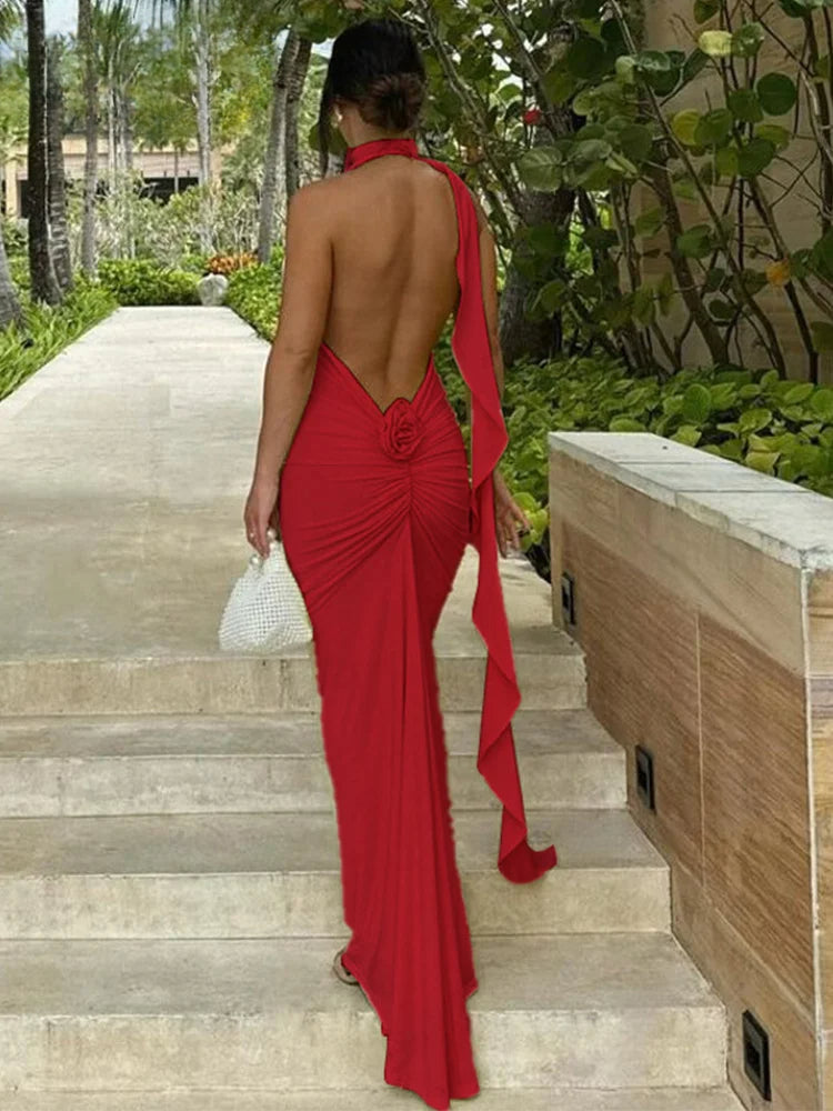 Halter Ribbon V-neck Maxi Floral Dress