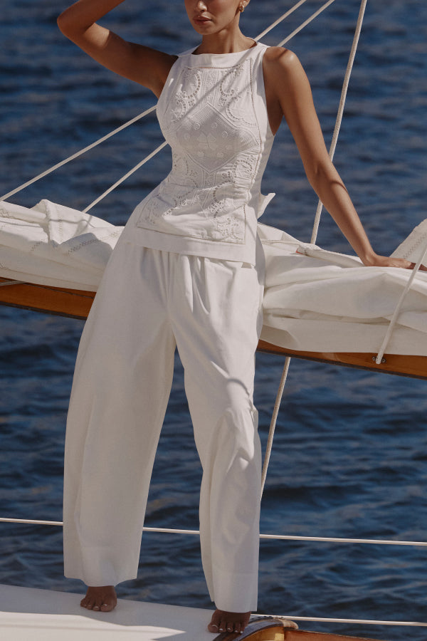 Exquisite and Beautiful Cutout Lace Embroidery Design Boat Neck Sleeveless Slit Top