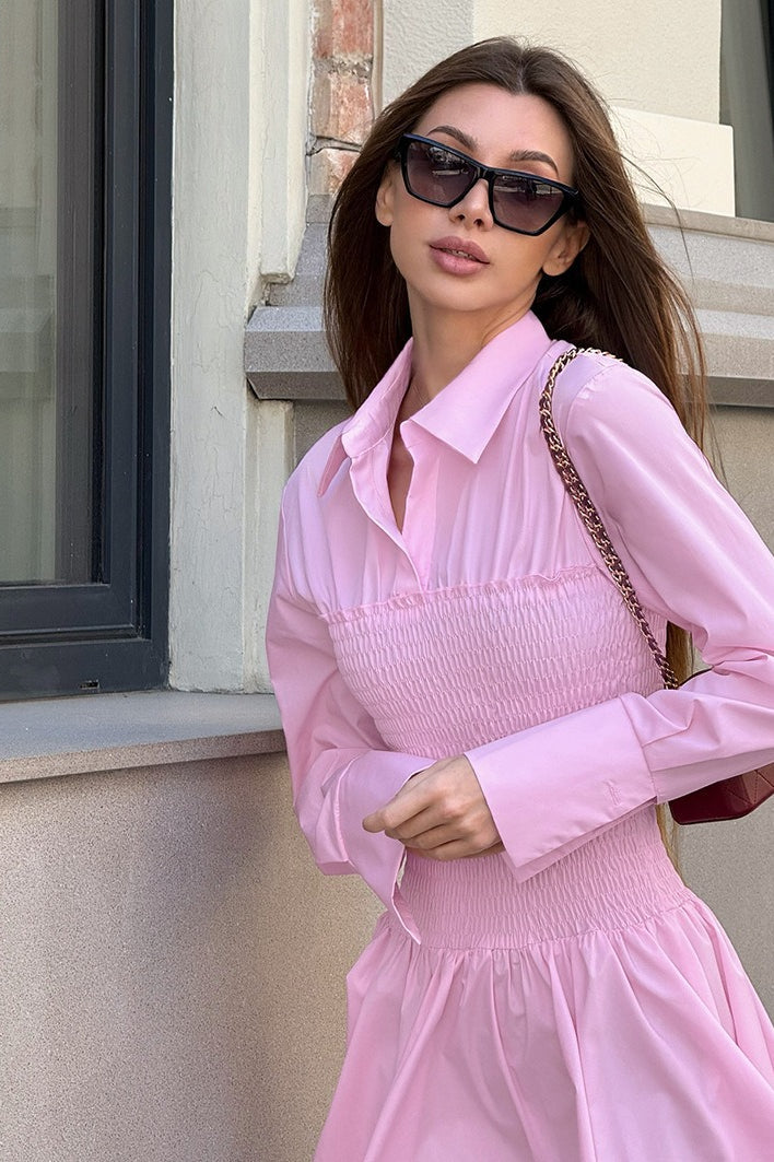 Point Collar Smocked Bodice Wide Cuff Long Sleeve Flare Mini Shirt Dress