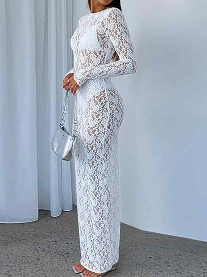 Hollow Lace Pattern See-Through Slim Fit Maxi Dress