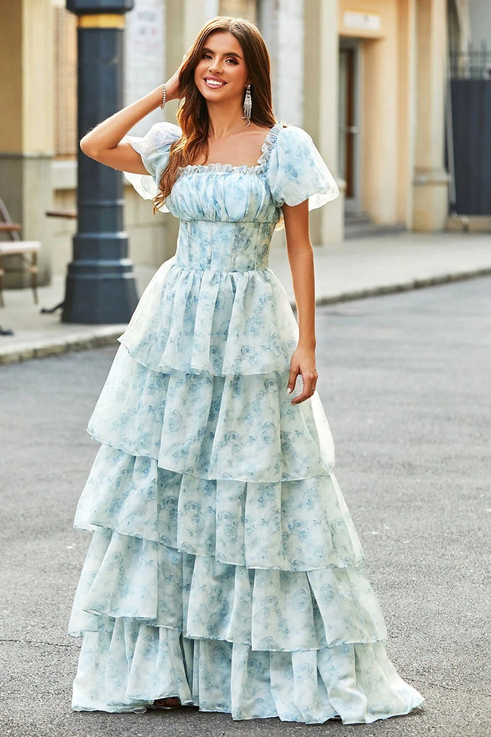 Off Shoulder Corset Bodice Puff Sleeve Tiered Floral Print Maxi Dress