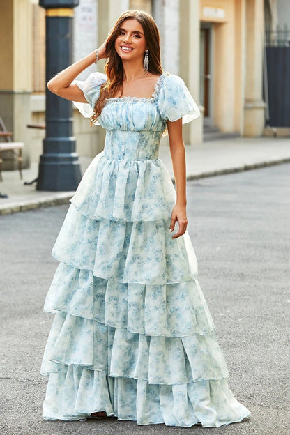 Off Shoulder Corset Bodice Puff Sleeve Tiered Floral Print Maxi Dress