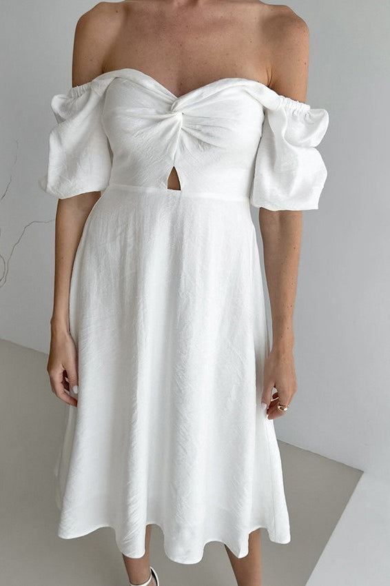 Off-Shoulder Sweetheart Twist Keyhole Puff Sleeve Midi Dress