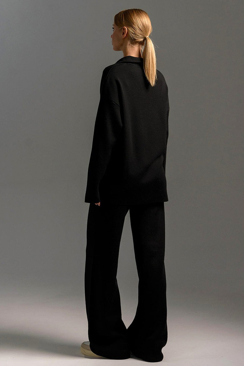 | Polo Collar Knit Pullover and Wide-Leg Pants Set