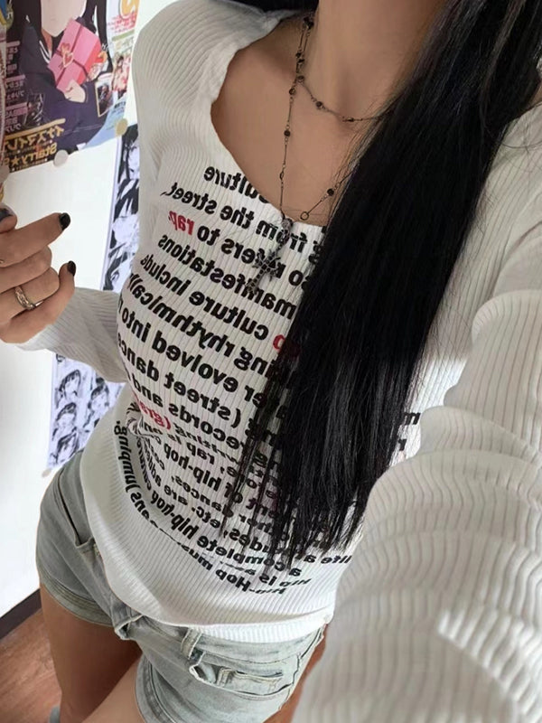 Letter Print U Neck Long Sleeve Knit