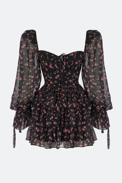 Floral Puff Sleeve Corset Tiered Ruffle Hem Mini Dress